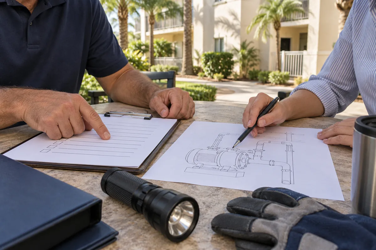 Illustration of hands reviewing a maintenance checklist and pump diagram in a fictional condominium courtyard