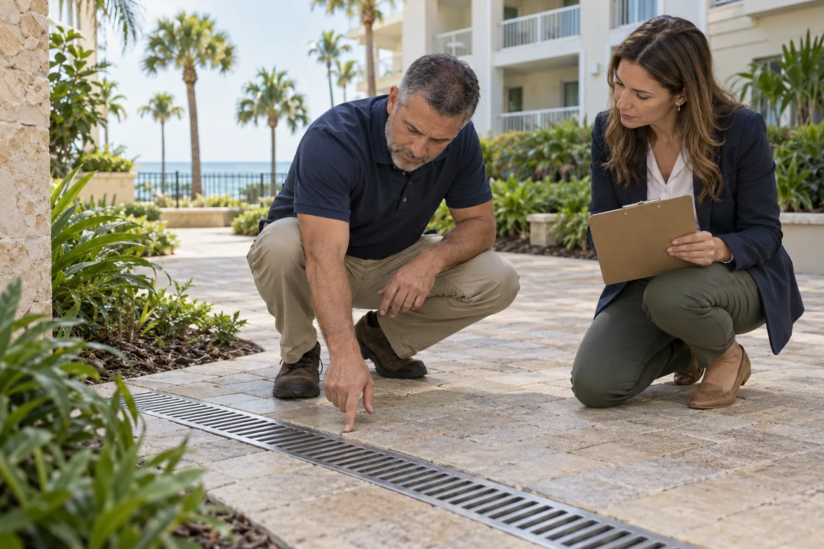 Fictional property supervisor and advisor examining a repaired courtyard drain against completion records