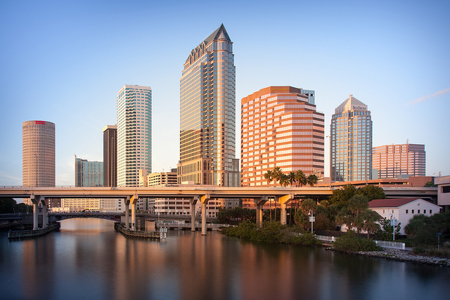 Downtown Tampa across the Hillsborough River, photographed from the West Platt Street bridge in December 2013