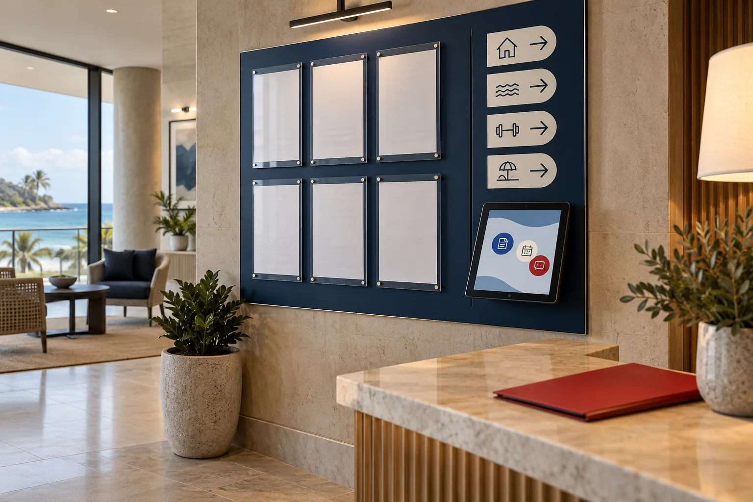 Illustrative scene: a condominium lobby with large-format notices and an accessible information tablet