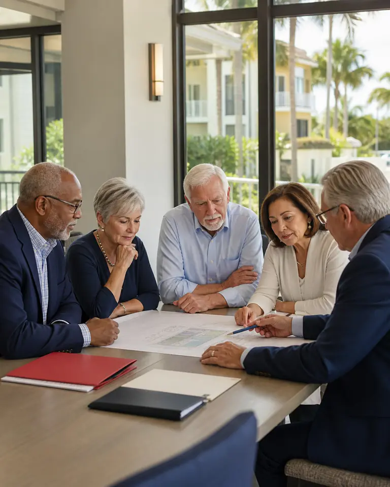 Illustrative scene: Condominium board leaders reviewing a property plan