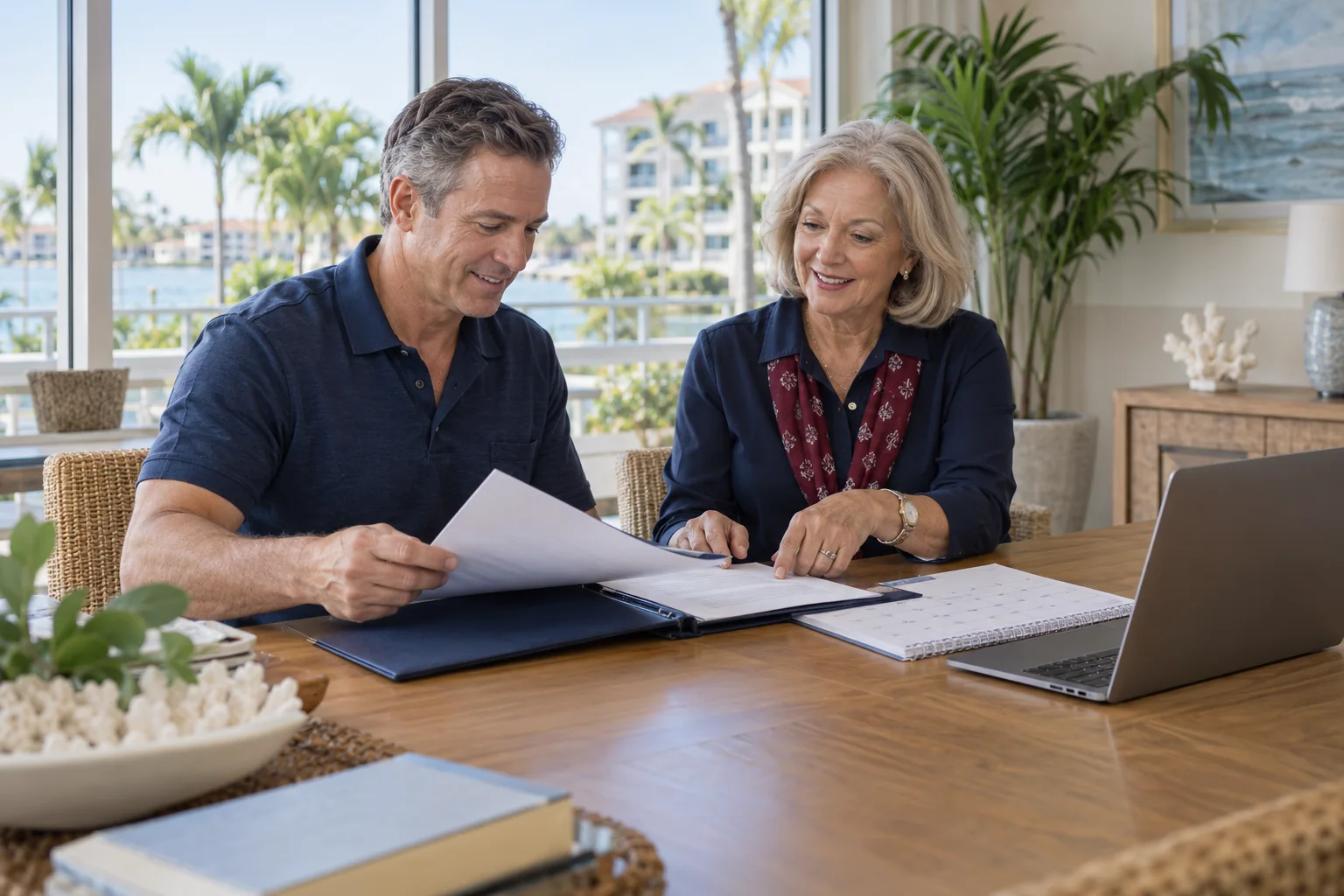 Illustrative scene: a new condominium director and secretary organizing an induction folder