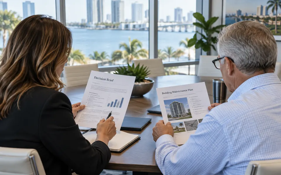 Illustrative scene: Condominium board leaders reviewing a decision brief and maintenance plan