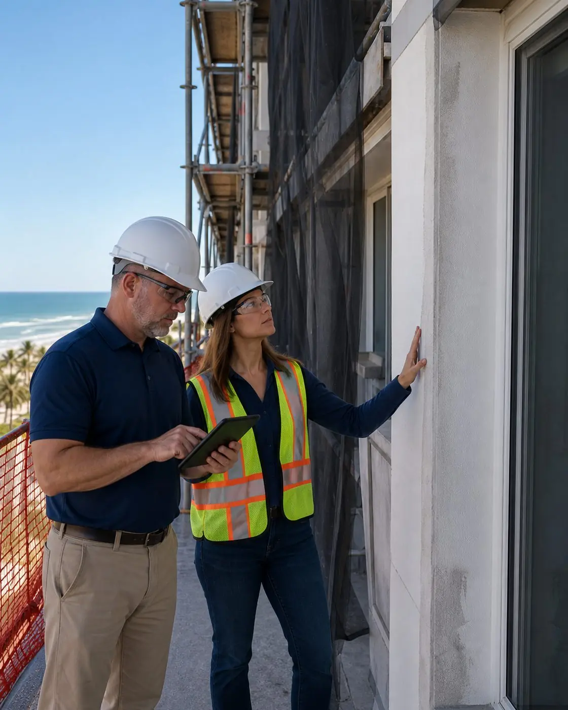 Illustrative scene: Property leaders reviewing a capital project facade inspection