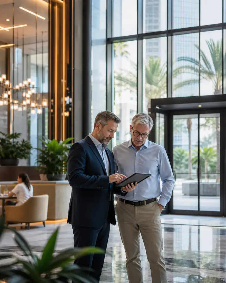 Illustrative scene: Commercial property leaders reviewing building operations