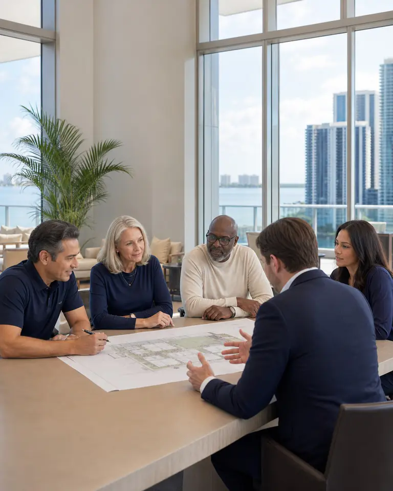 Illustrative scene: Condominium board leaders meeting with an independent advisor