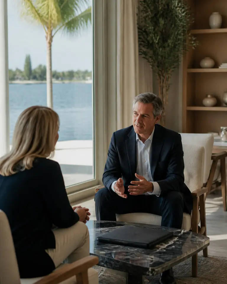 Illustrative scene: Confidential property consultation in a Tampa Bay waterfront setting