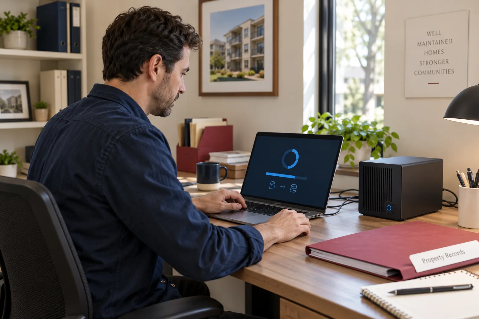 Illustrative scene: a property IT administrator testing records recovery with a backup appliance