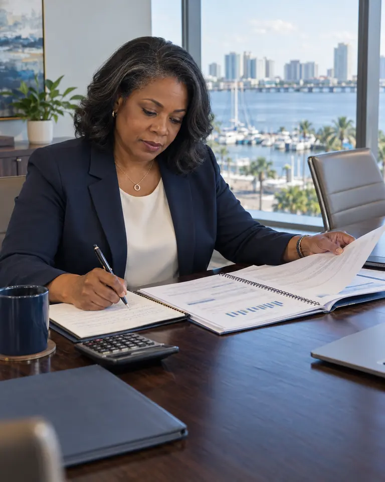 Illustrative scene: Independent advisor reviewing a condominium budget and financial workbook