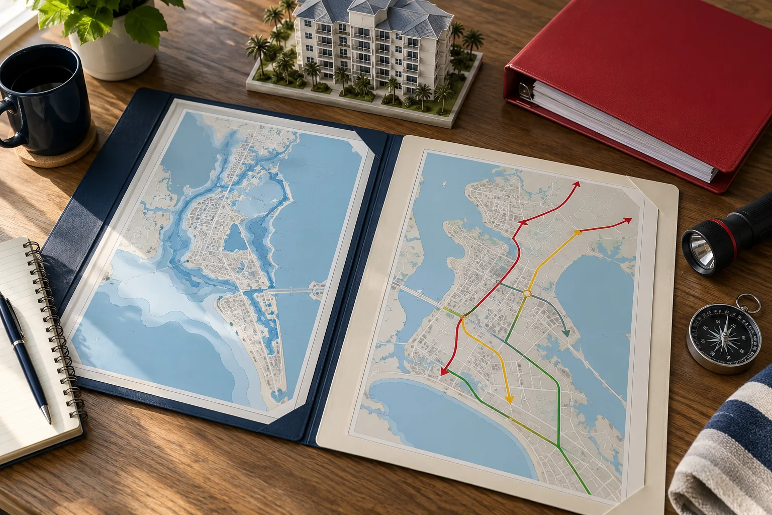 Illustrative scene: separate fictional flood and evacuation planning maps on a table