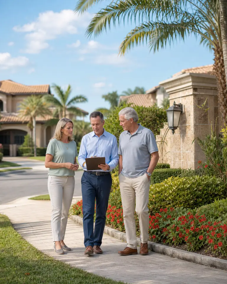 Illustrative scene: HOA board leaders walking through a Tampa Bay community
