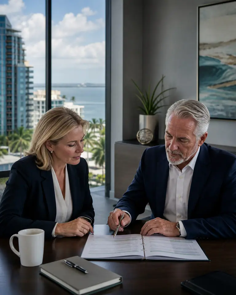 Illustrative scene: Property management executives reviewing a performance plan