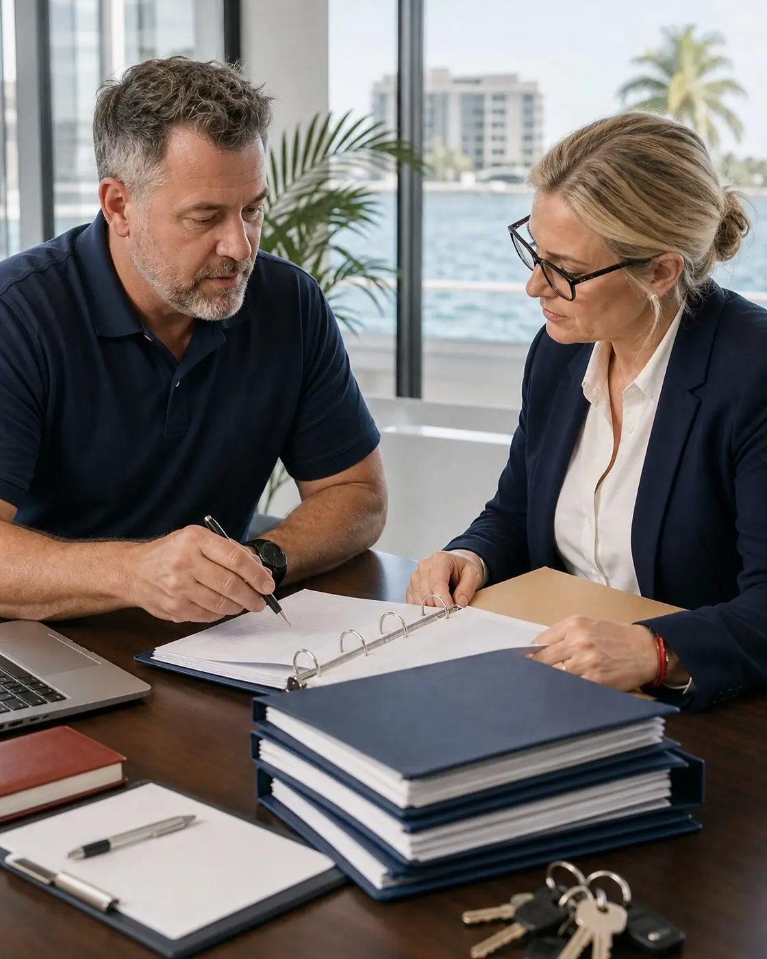 Illustrative scene: Property leaders verifying records during a management transition