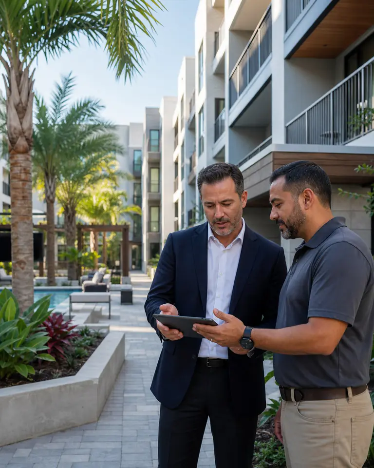 Illustrative scene: Property leaders reviewing multifamily community operations