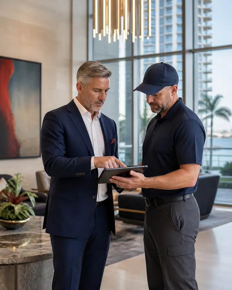Illustrative scene: Property leaders reviewing operational performance in a Tampa Bay condominium