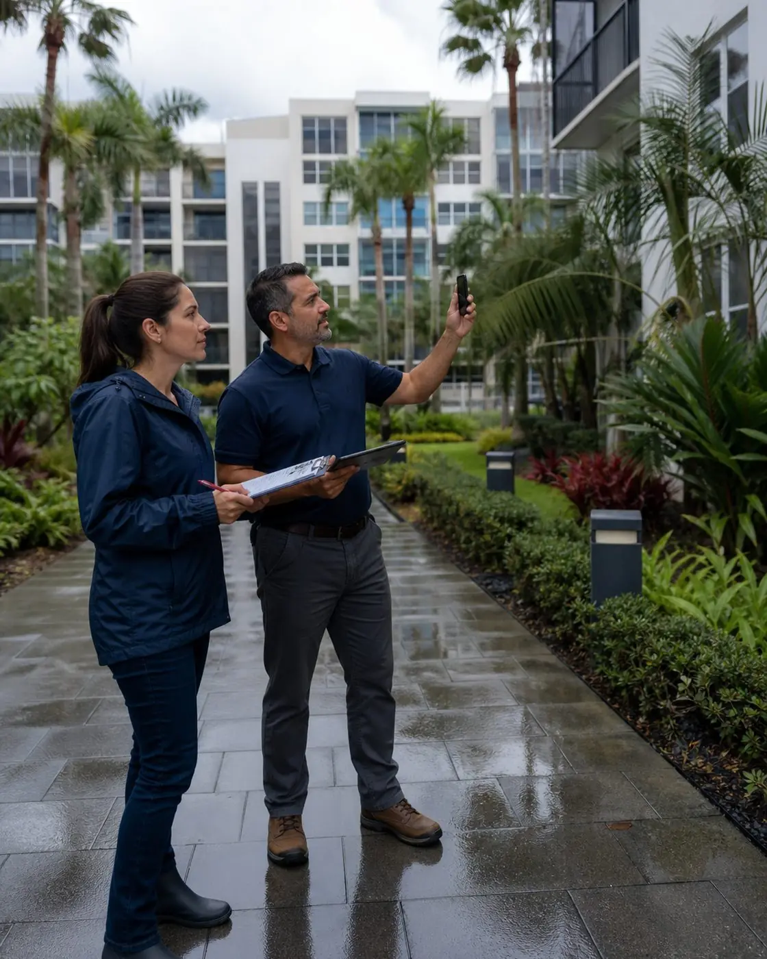 Illustrative scene: Property team documenting a post-storm exterior assessment