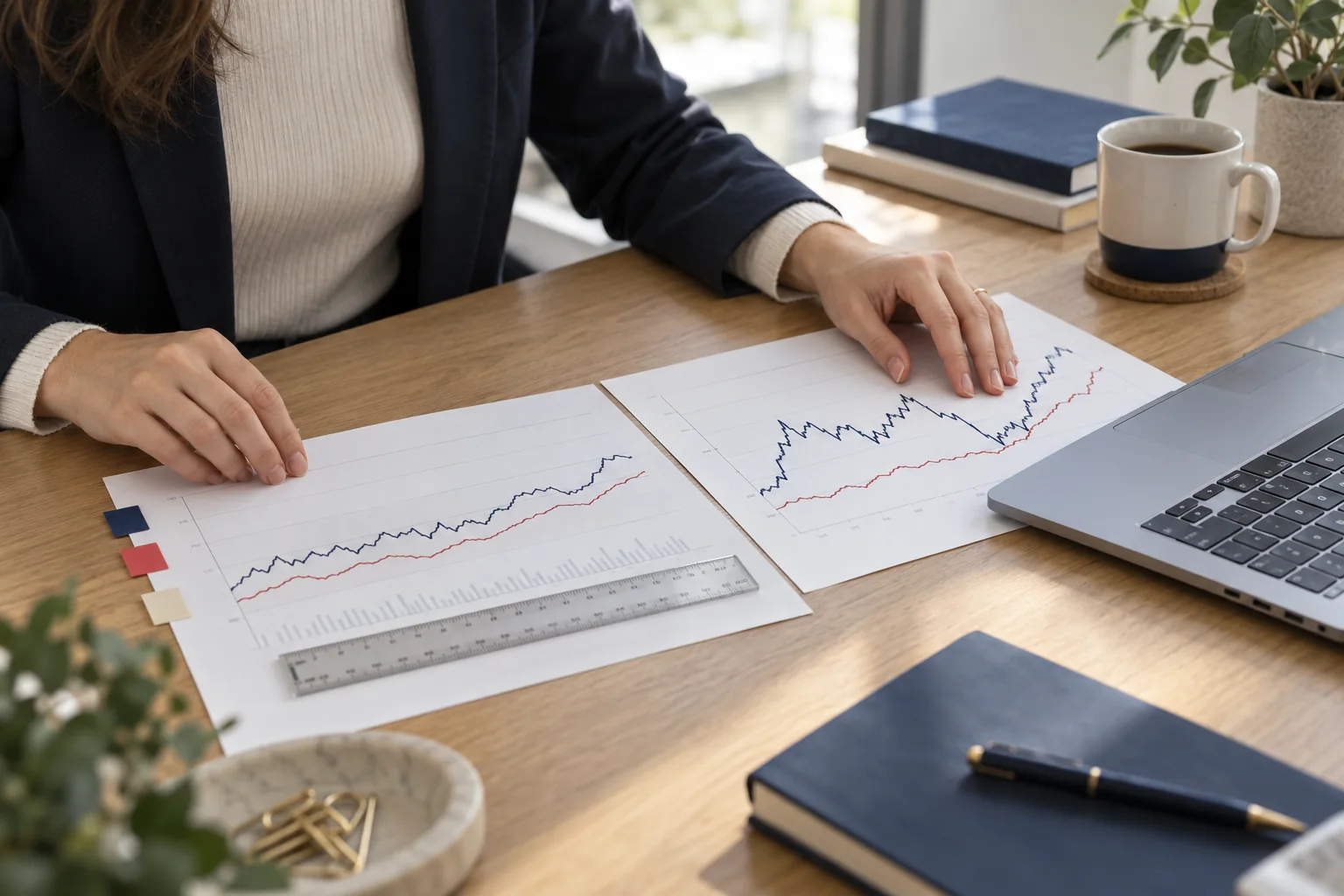 Illustrative scene: an analyst comparing two printed charts with different reporting periods