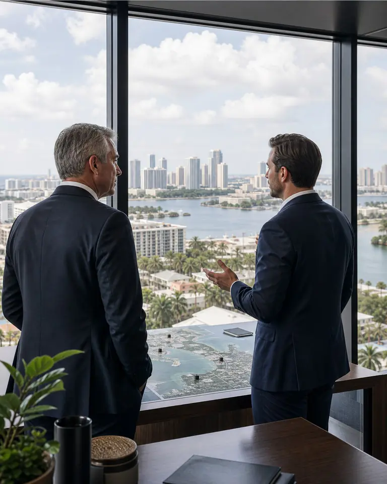 Illustrative scene: Owner and advisor reviewing a Tampa Bay property portfolio