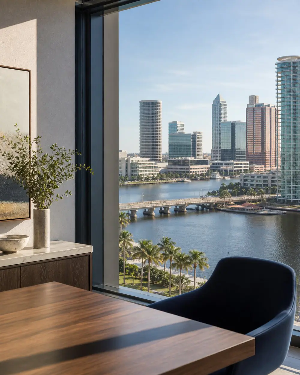 Illustrative scene: Confidential property consultation setting overlooking Tampa
