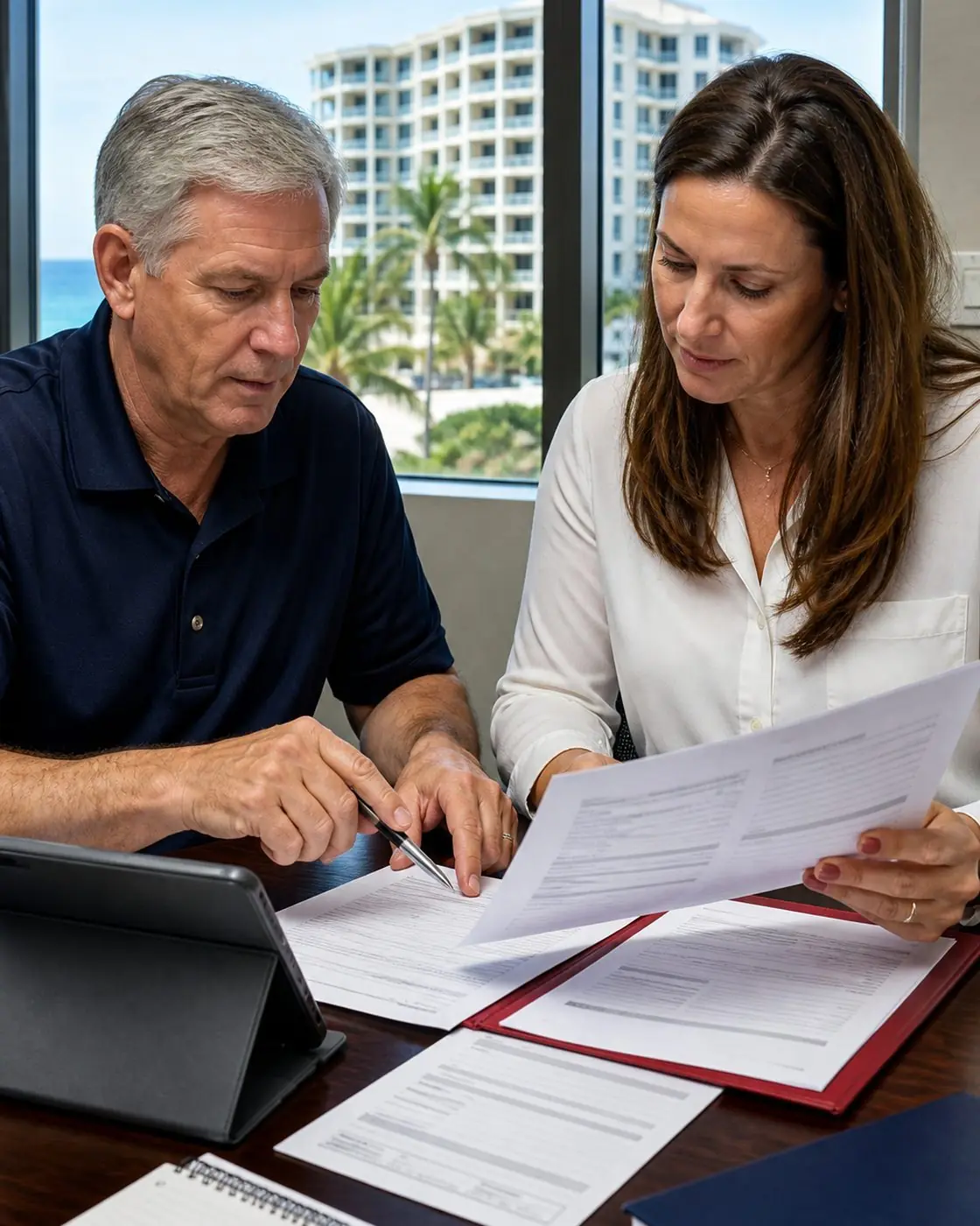 Illustrative scene: Property leaders reconciling a vendor contract, invoice, and service record