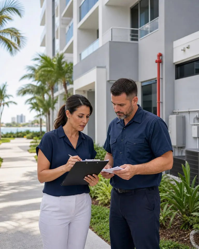 Illustrative scene: Property manager and vendor reviewing service controls